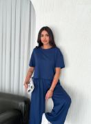 Osy Modal Yumuşak Dokulu Kumaş Bisiklet Yaka T-shirt Bol Paça Pantalon Ikili Takım -Saks Mavi resmi